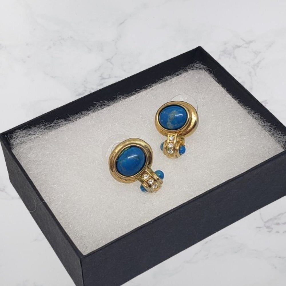 Vintage Blue Bead Rhinestone Dangle Drop Gold Tone Earrings Pierced Round - Picture 2 of 9